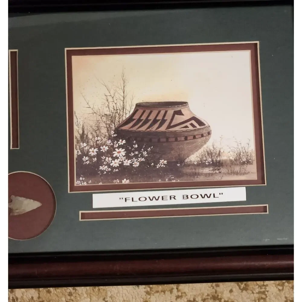 Native American Real Arrow Head and Matted Painting Framed Flower Bowls - Picture 6 of 7